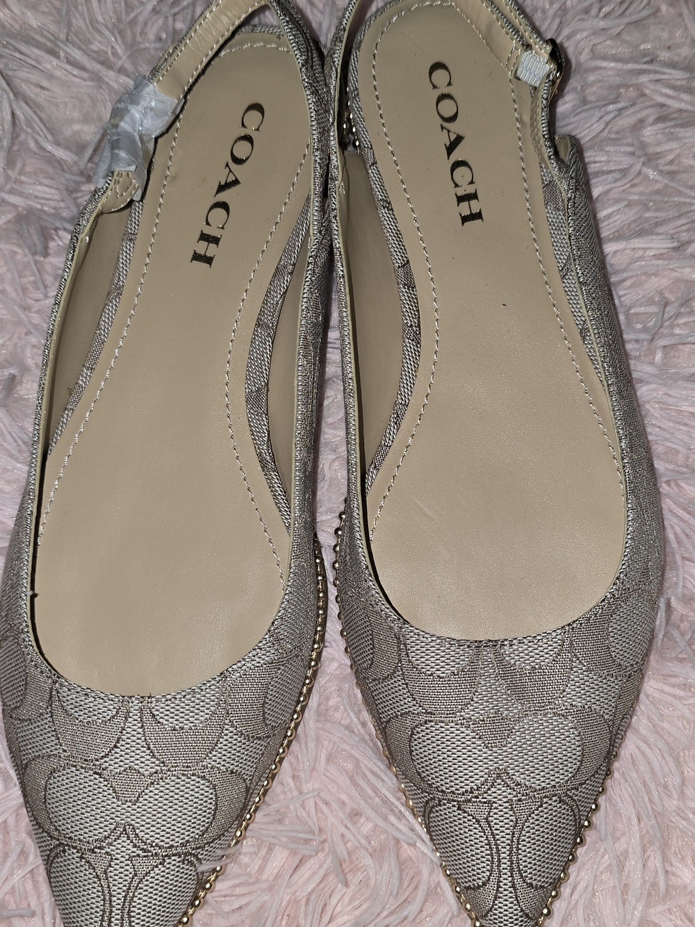 Coach Beige Signature Pointed-Toe Slingback Flats with Gold Trim - Picture 2 of 4